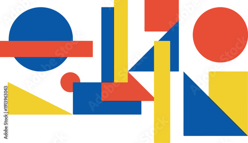 Vector abstract geometric composition featuring primary color shapes like red circles, blue rectangles, and yellow triangles, isolated on a white background.