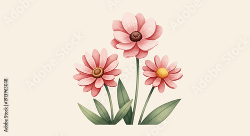 Three watercolor style pink flowers with green leaves on cream background