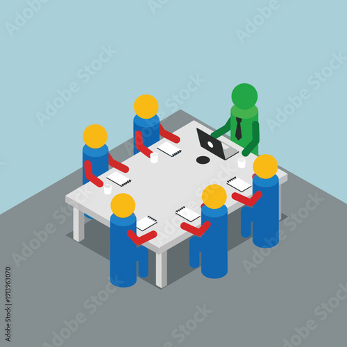 Isometric illustration of a business meeting with a green figure presenting to a group of people around a table.