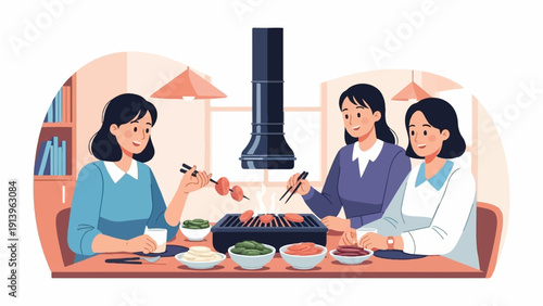 Three women enjoy Korean BBQ with grilled meats and side dishes