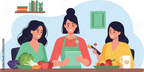 Three women happily preparing healthy food together in a bright kitchen