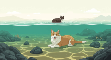 Leinwandbilder Olivgrün Two dogs enjoying a refreshing swim in a pixelated, underwater landscape  © Sultan