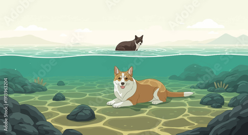 Two dogs enjoying a refreshing swim in a pixelated, underwater landscape