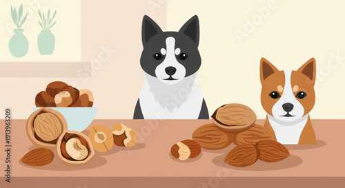 Two dogs look at a collection of nuts and a bowl of nuts on a table