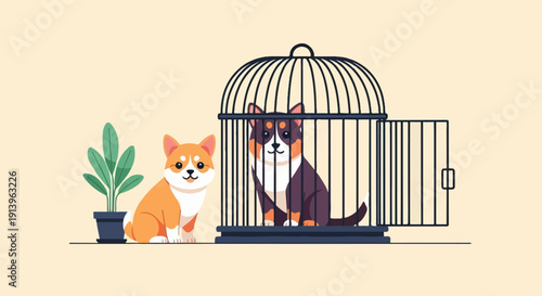 Two dogs, one inside a cage and one outside with a plant