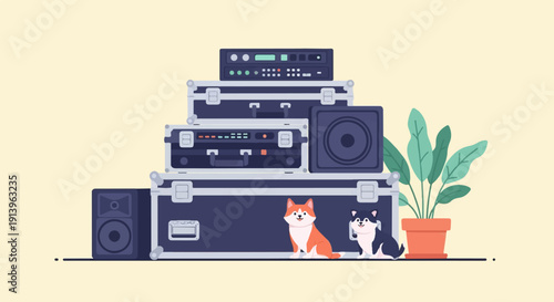 Two dogs sit beside stacked audio equipment and a potted plant