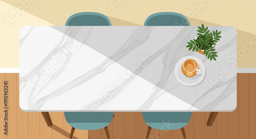 Top view of a marble table with two chairs, coffee cup, and plant