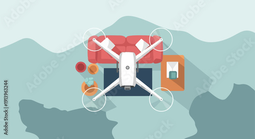 Top-down view of a drone positioned above a living room setting