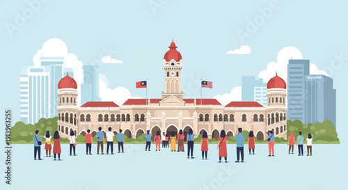 Tourists gather before a grand historical building featuring red domes and a clock tower