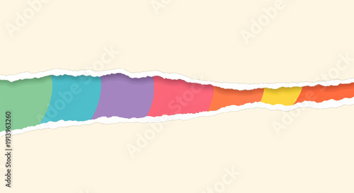 Torn paper reveals layered colorful stripes, creating a vibrant abstract background