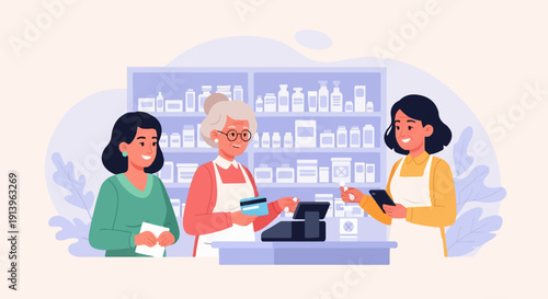 Transaction at a counter with shelves of products behind staff