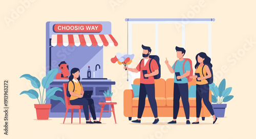 Travelers gathering near a kiosk, one with balloons, another at a laptop