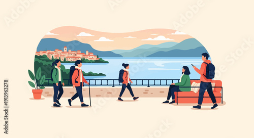 Travelers on a waterfront promenade with a picturesque coastal town and mountains