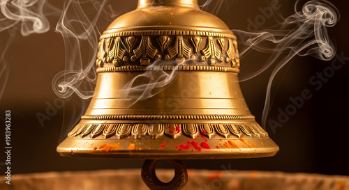 Sacred brass temple bell with incense smoke and subtle Holi gulal powder dust, warm cinematic spiritual architectural decorative detail background texture for festival branding with no humans present