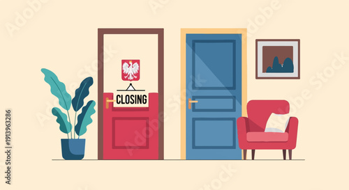 Two doors, one with a sign indicating closure, and a comfortable armchair
