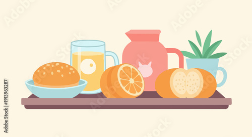 Tray with breakfast juice, fruit, roll, jug and plant