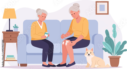 Two elderly women applying cream to knees, with dog and plant nearby