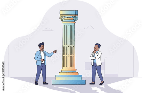 Two men stand near a large column, one pointing and the other contemplating