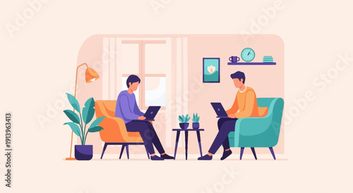 Two men sitting in armchairs, each working on a laptop in a cozy room