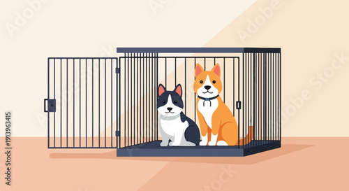 Two adorable cartoon dogs, one black and white, one orange, sit inside an open cage
