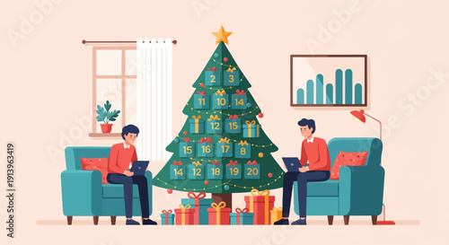 Two men use laptops in cozy room with decorated Christmas tree and gifts