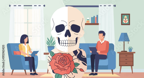 Two figures in an office with a large skull overlay and rose tattoo