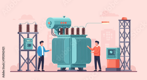 Two men stand near a large electrical transformer with city buildings in background