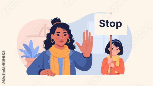 Two females of different ages hold a sign that reads 'Stop' to protest