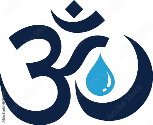 Modern Blue Om Symbol Vector Icon with Water Drop Element Representing Ganga or Purity