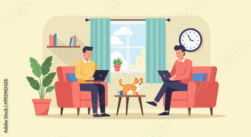 Two men with laptops sit in armchairs with a dog and plant