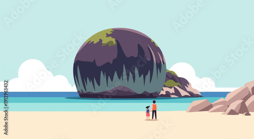 Two figures stand on a sandy beach, gazing at a large, rocky island