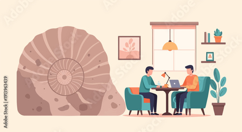 Two men work at laptops in a cozy room with a large fossil