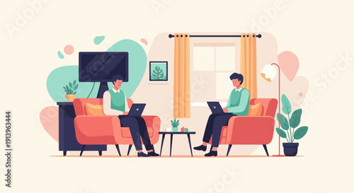 Two men work on laptops in a cozy living room setting