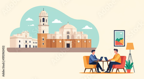 Two men work on laptops in a cafe with a view of a grand architectural landmark