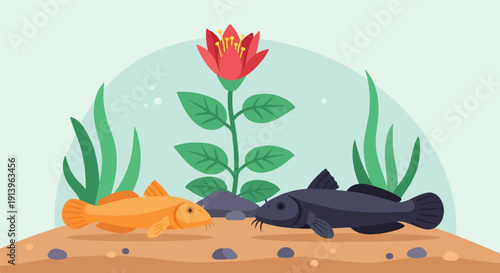 Two fish swim in an aquarium with a plant and rocks