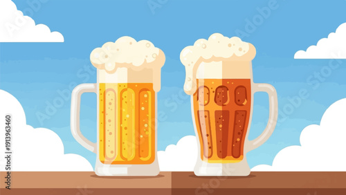 Two foamy mugs of beer sit on a wooden surface under a blue sky with clouds