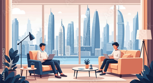Two men work on laptops in a modern office with a city skyline view