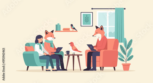 Two foxes and a person interact in a cozy living room