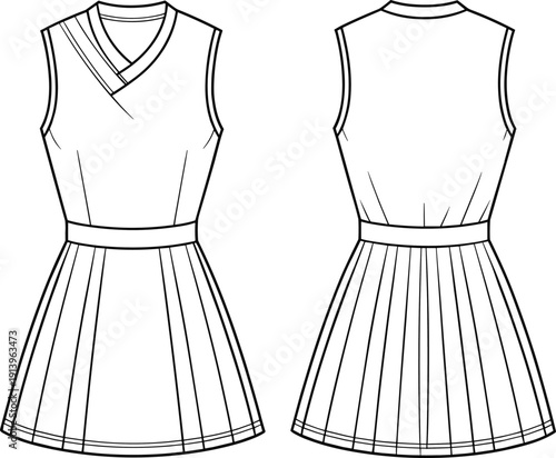 Technical fashion flat sketch of sleeveless wrap neckline dress with pleated skirt, front and back view apparel illustration
