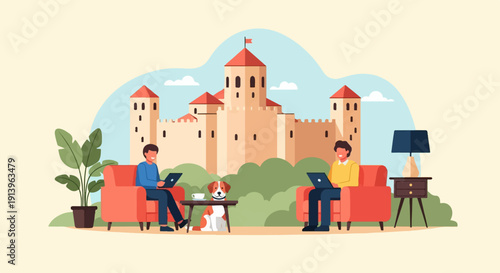 Two men work on laptops in comfortable chairs with a dog and castle background