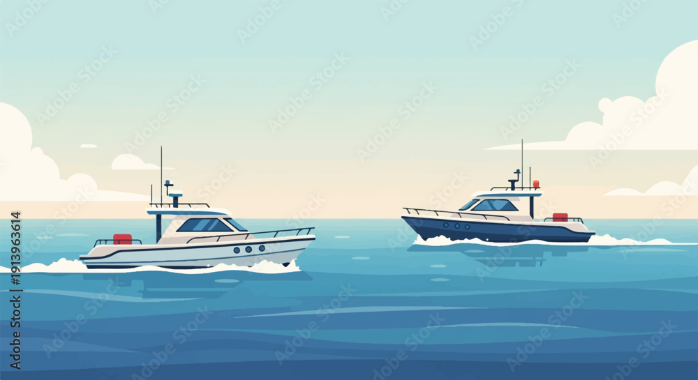 Naklejka premium Two motor yachts cruise across the calm blue ocean under a cloudy sky
