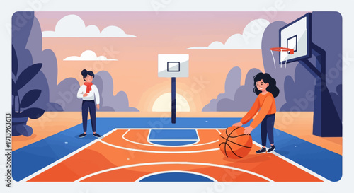 Two girls playing basketball on an outdoor court at sunset