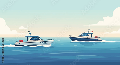 Two motor yachts cruise across the calm blue ocean under a cloudy sky