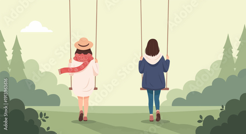 Two girls on swings in a park with trees and a cloud