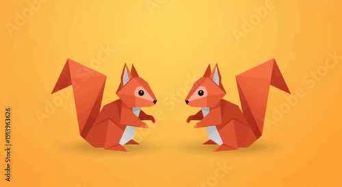 Two origami-style squirrels facing each other on a warm orange background