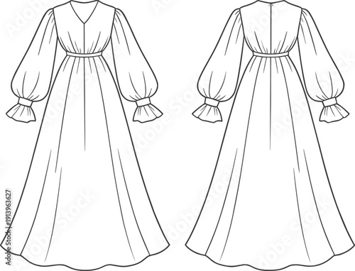 Technical fashion flat sketch of V neck maxi dress with long puff sleeves, ruffle cuffs, front and back view illustration