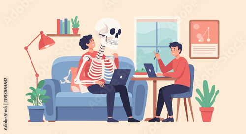 Two people and a skeleton work on laptops in a cozy room