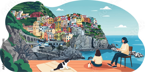 Two people and cat enjoy a coastal view of colorful buildings on a cliff