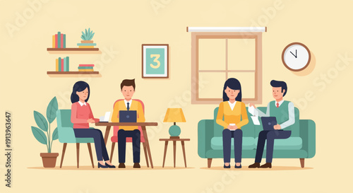 Two pairs of people collaborate indoors, one pair at a table and another on a couch