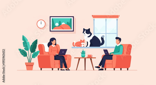 Two people and cats in cozy living room with laptops and plants